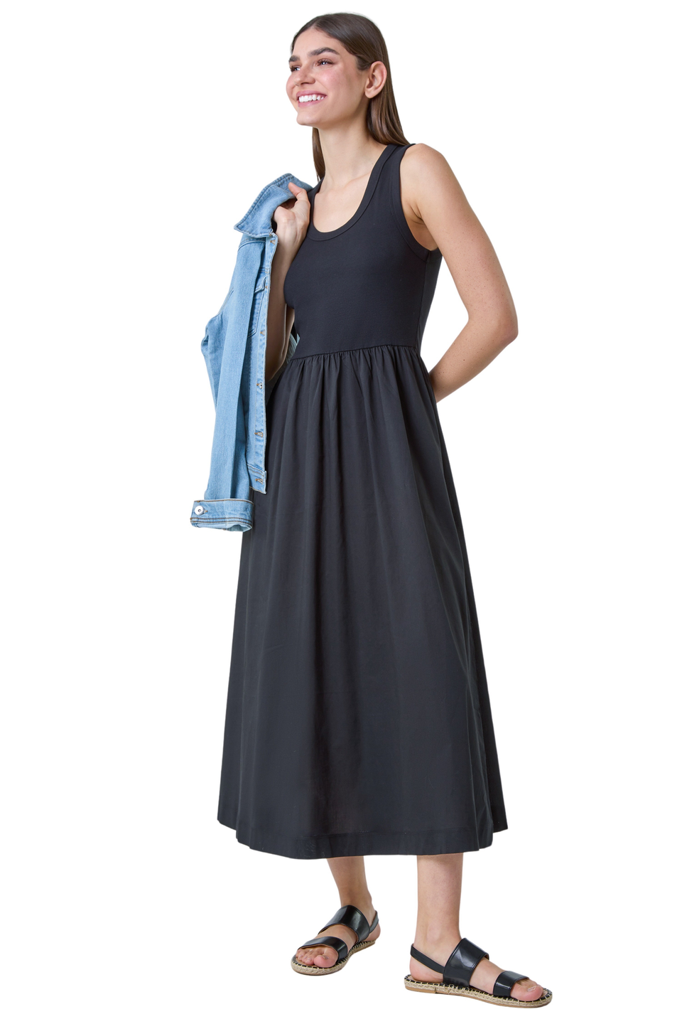 Roman Black Cotton Stretch Jersey Mix Midi Dress