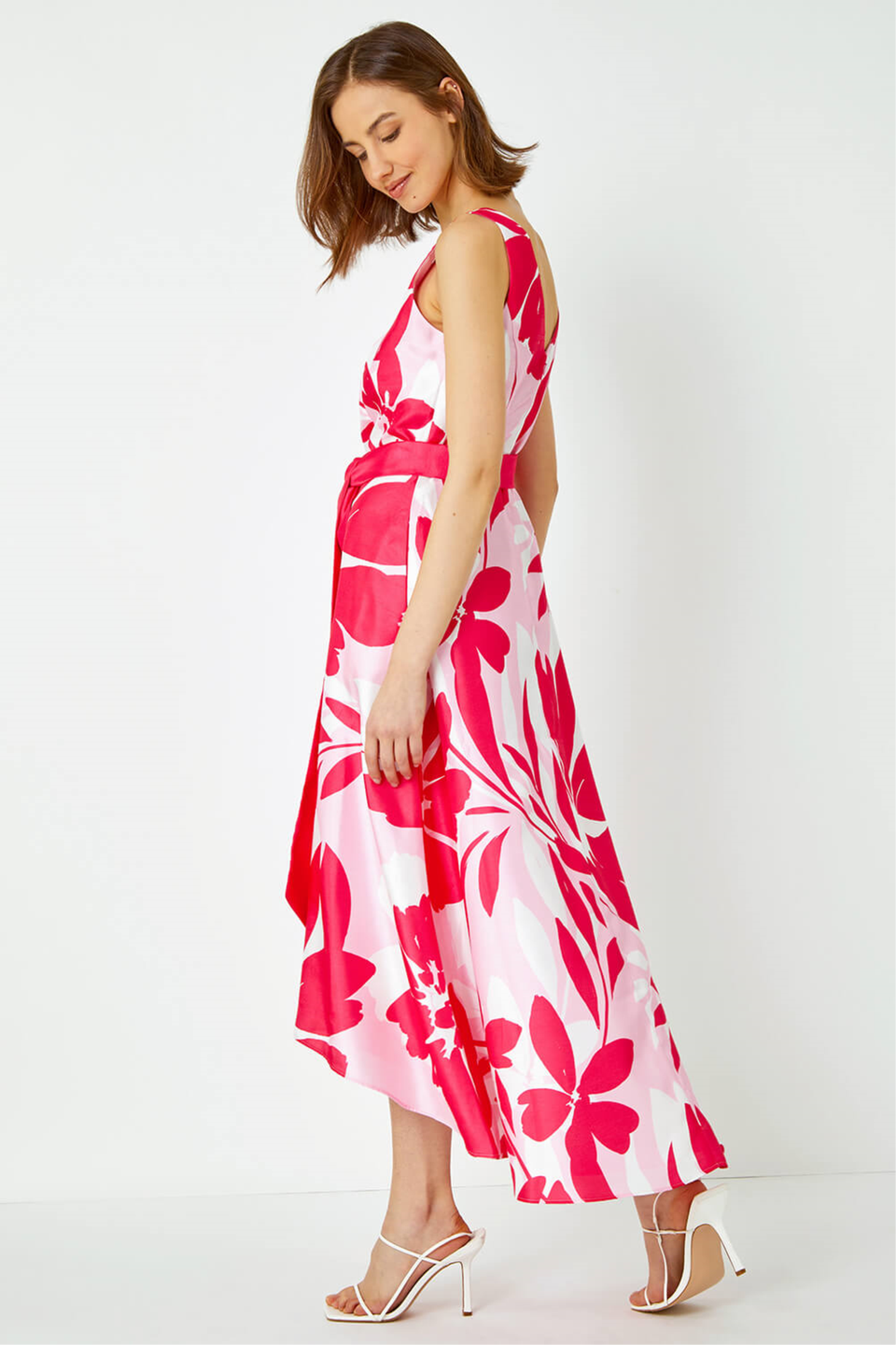 Roman Cerise Floral Print Dipped Hem Jacquard Dress Matalan