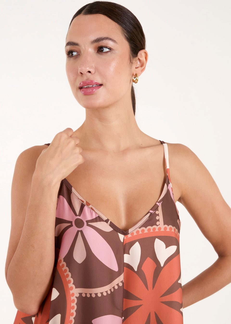 Blue Vanilla Chocolate Abstract Printed Cami V Neck Maxi Dress
