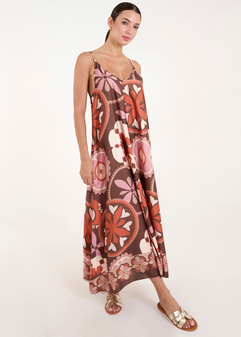 Blue Vanilla Chocolate Abstract Printed Cami V Neck Maxi Dress