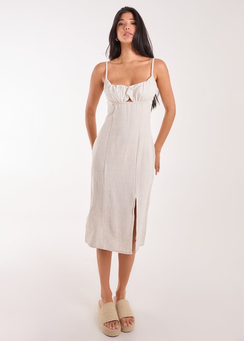 Pink Vanilla Stone Ruched Linen Style Midi Dress Matalan