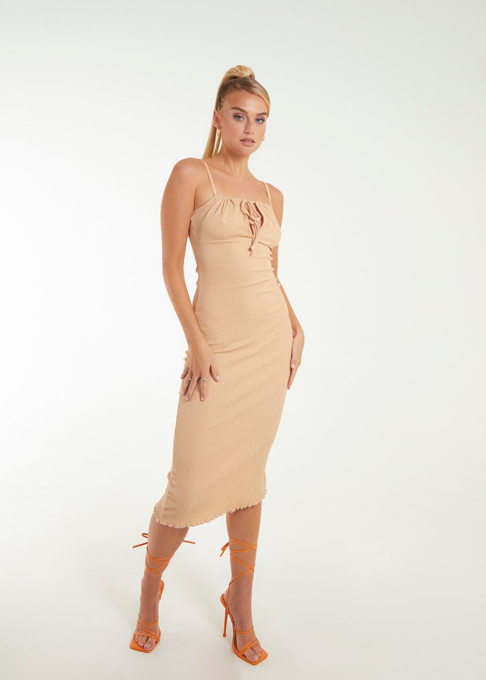 Pink Vanilla Beige Crinkle Tie Midi Dress