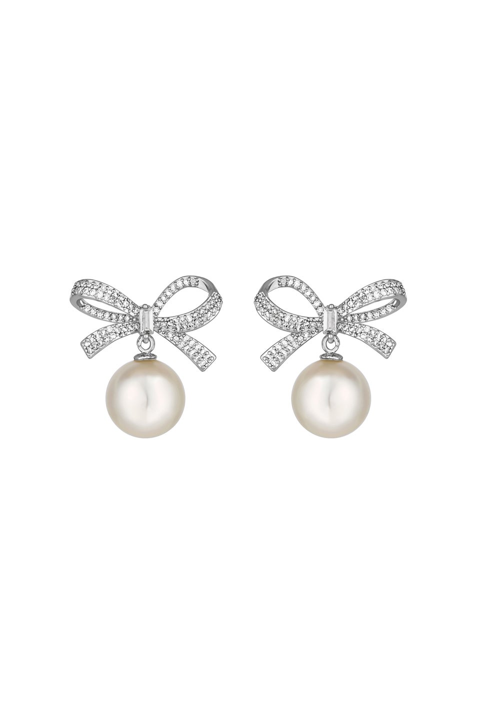 Jon Richard Rhodium Plated Cubic Zirconia Bow and Pearl Earrings