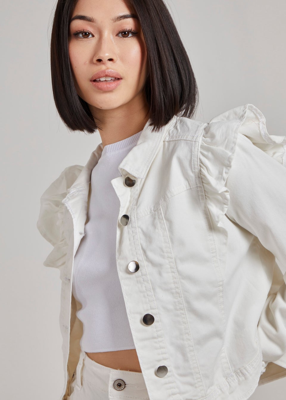 Pink Vanilla White Frill Shoulder Denim Jacket Matalan