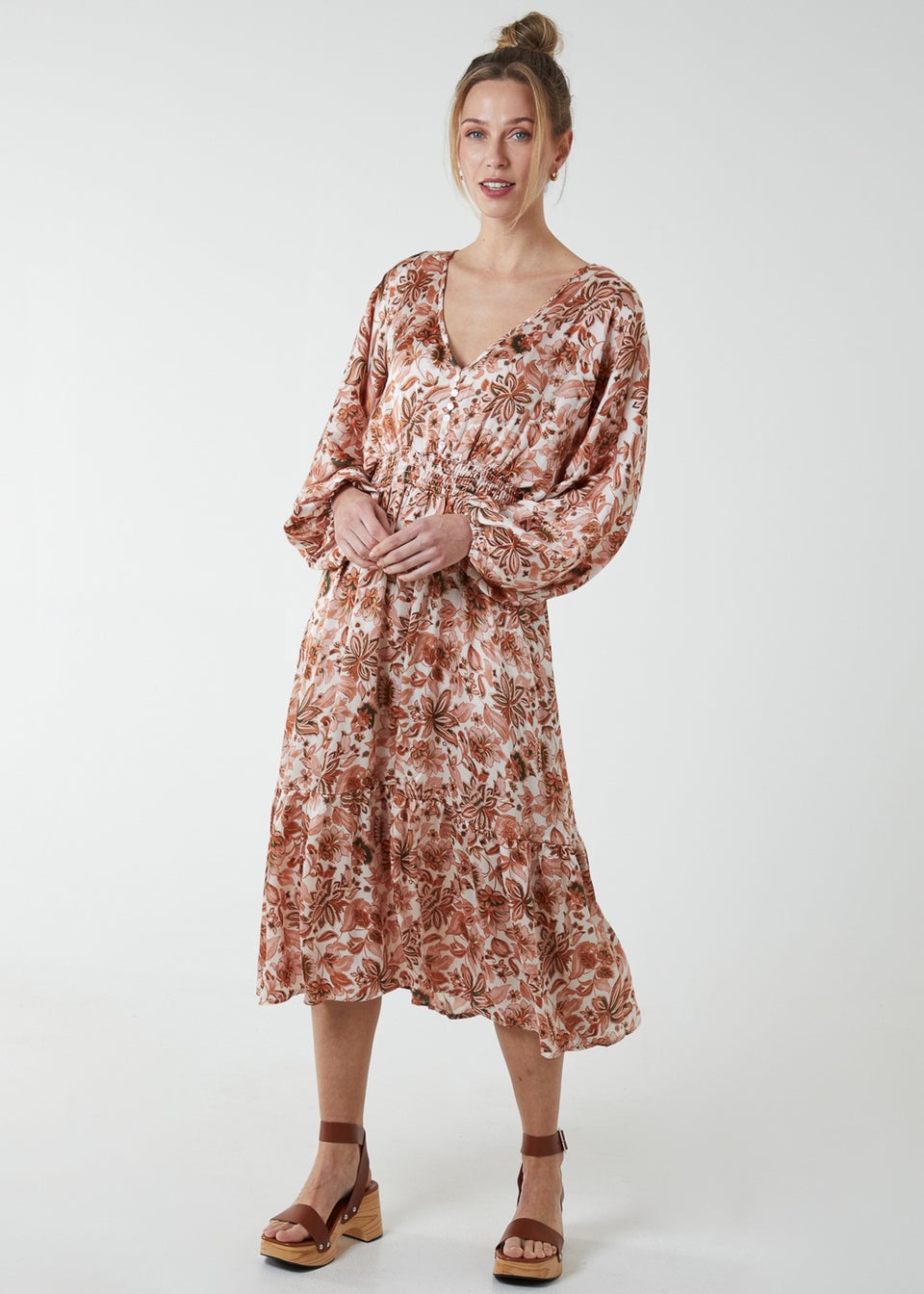 Blue Vanilla Pink Balloon Sleeve Midi Dress