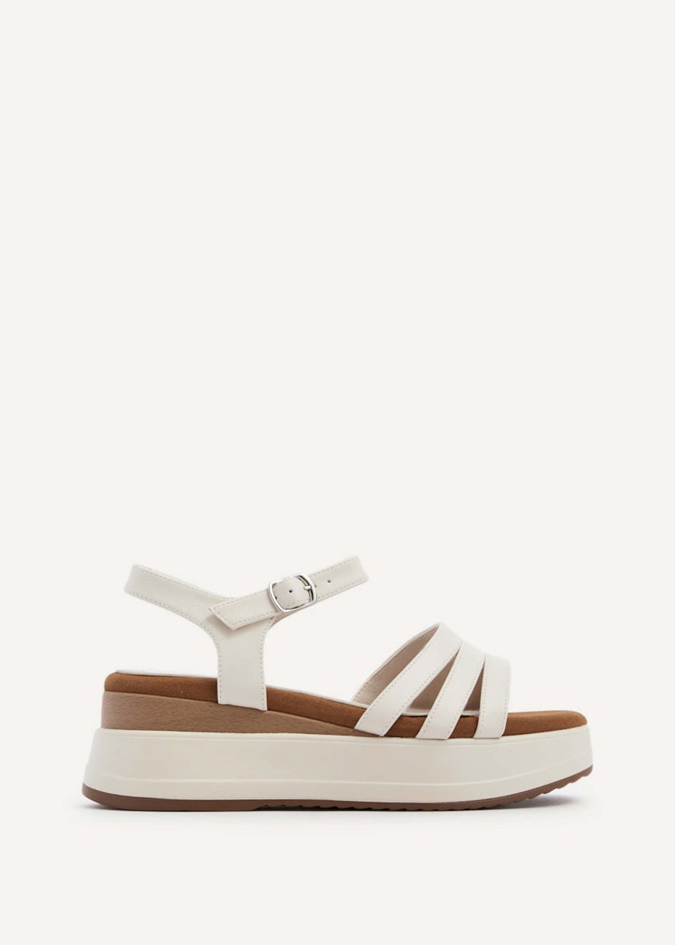 Linzi Cruise Ivory Faux Leather Triple Front Strap Sporty Sole Flatform Sandal