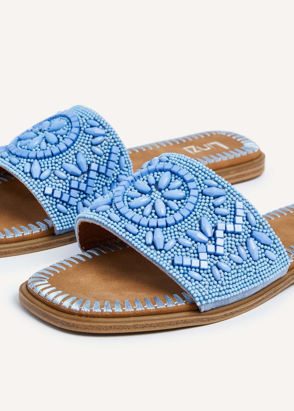 Linzi Aloha Blue Beaded Flat Slider Sandal