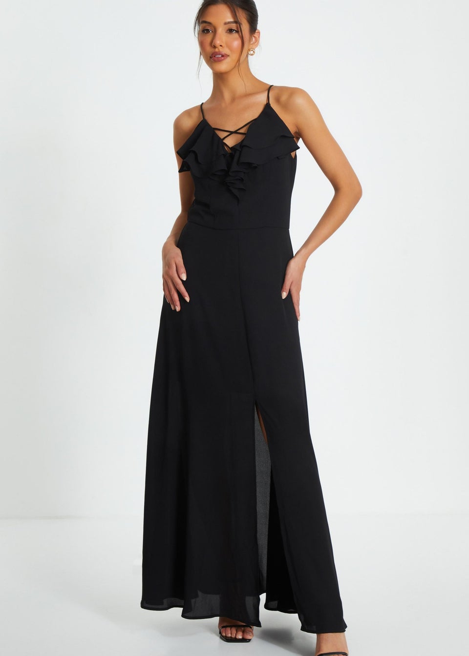 Quiz Black Strappy Ruffle Chiffon Maxi Dress Matalan