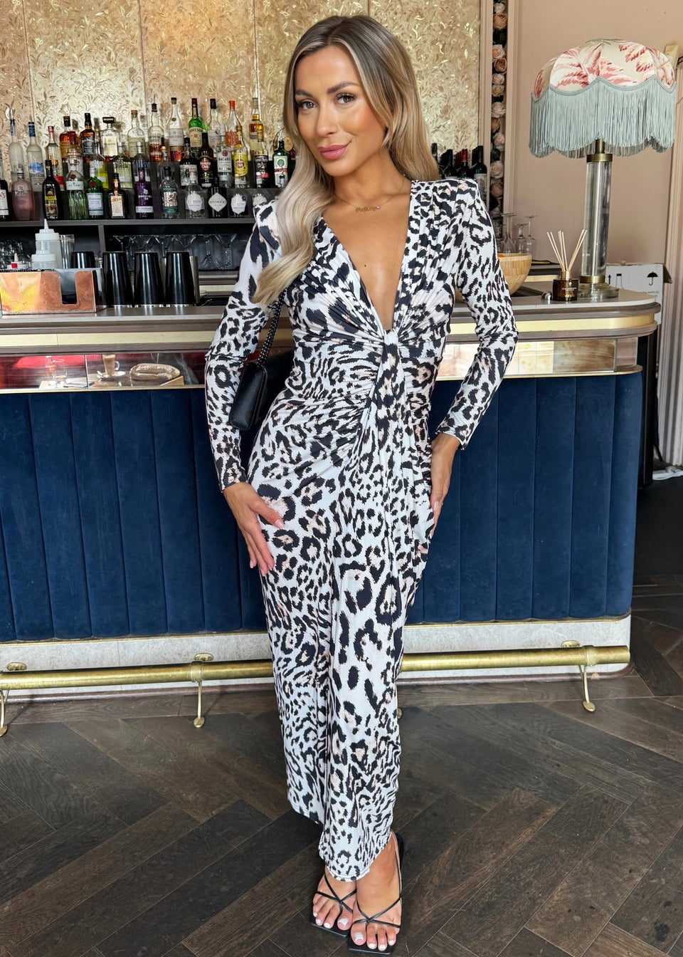 AX Paris Cream Leopard Print Long Sleeve V Neck Knot Drape Midi Dress Matalan