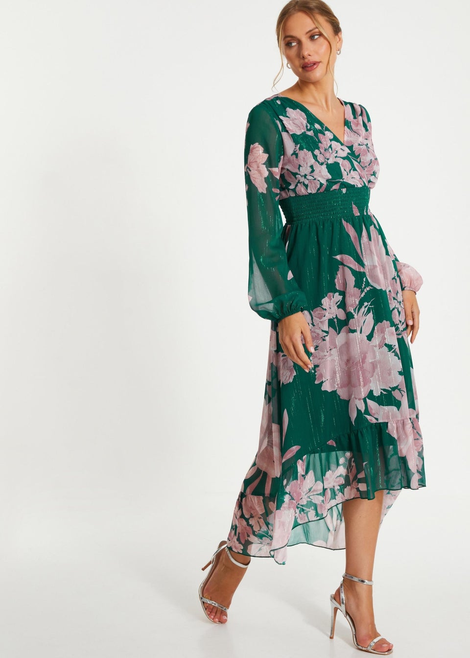 Quiz Green Floral Chiffon Midi Dress