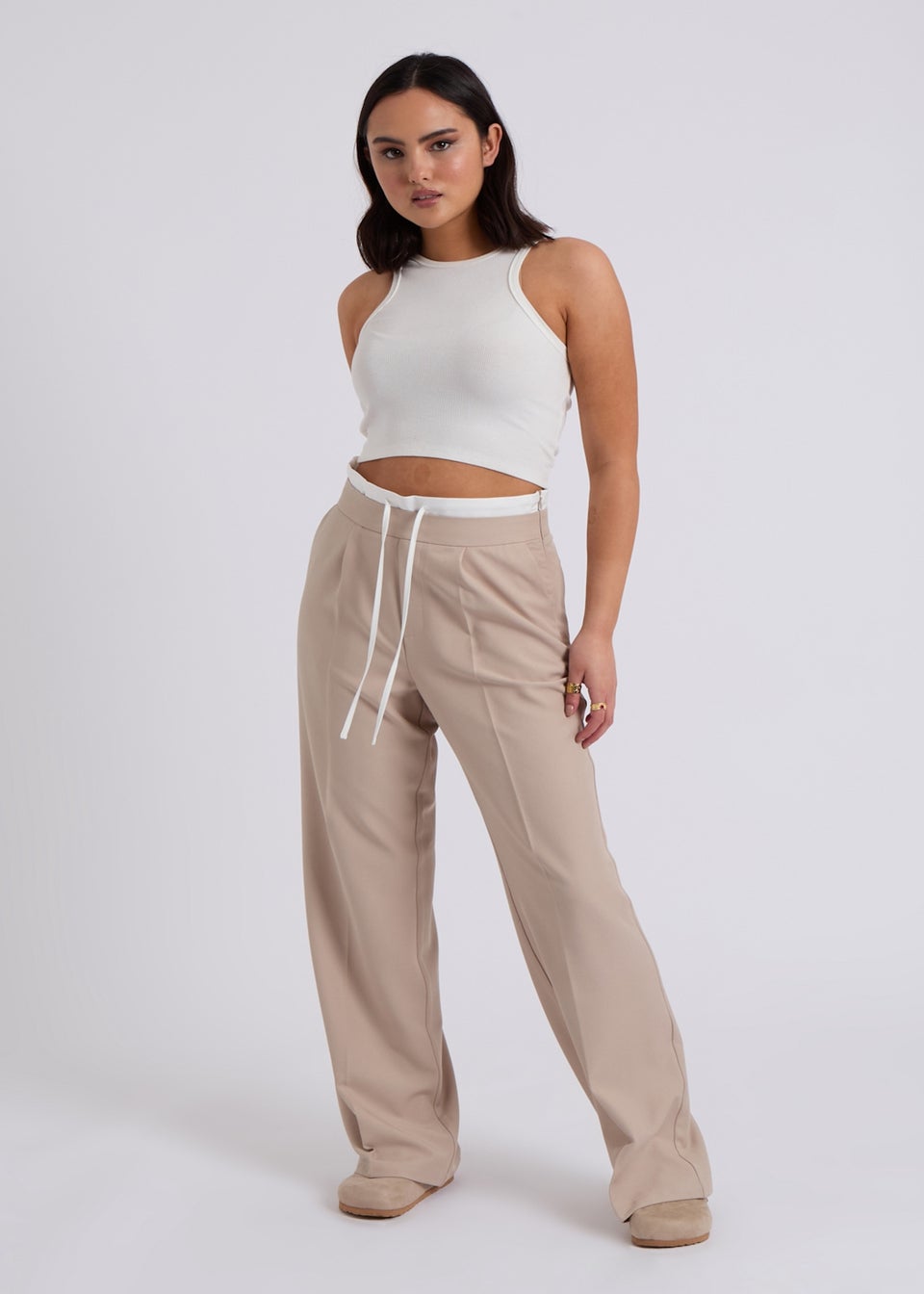 Urban Bliss Stone Double Waistband Wide Leg Trouser