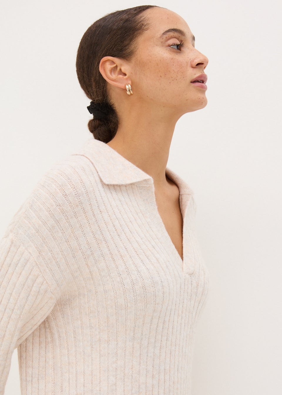 Cream Open Collar Knitted Dress