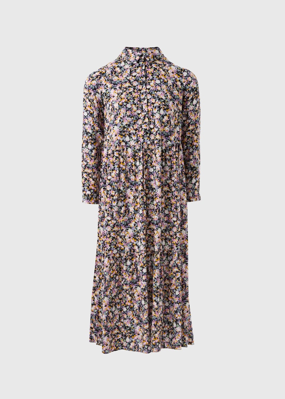 Black Floral Print Shirt Midi Dress