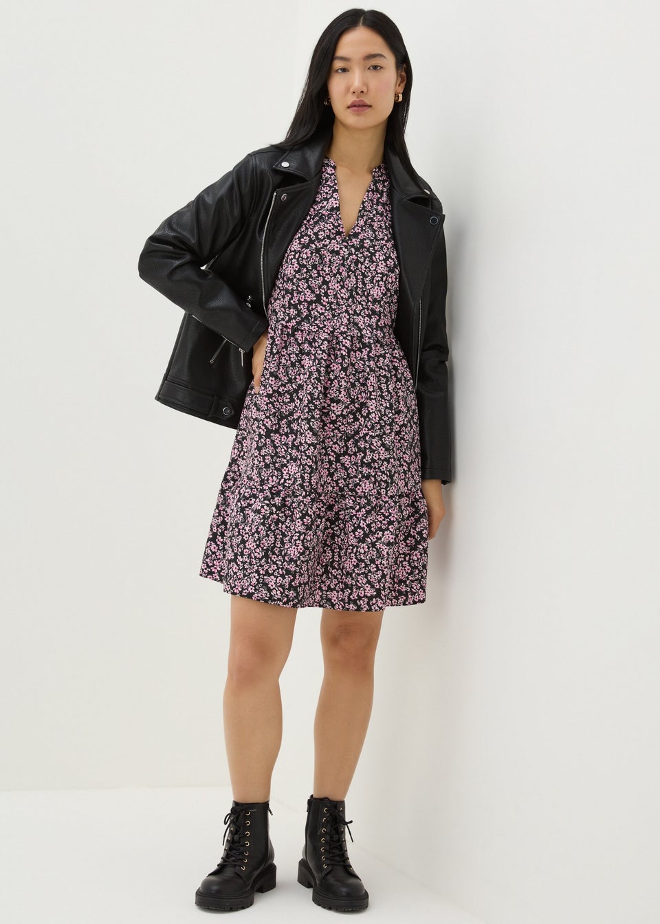 Pink Floral Print Smock Mini Dress