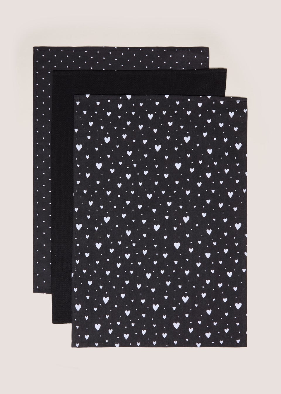 Black 3 Pack Mono Heart Print Tea Towel