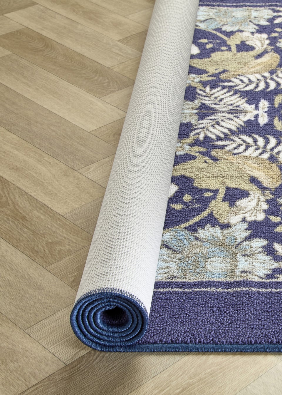 Dreams & Drapes Design Finch & Flower Non-Slip Navy Washable Rug