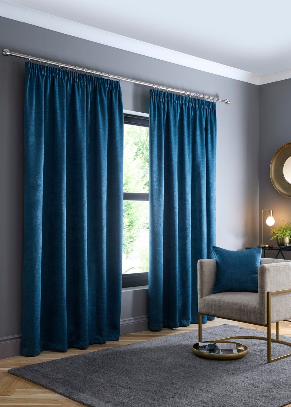 Fusion Galaxy Dim out Woven Blue Pencil Pleat Curtains