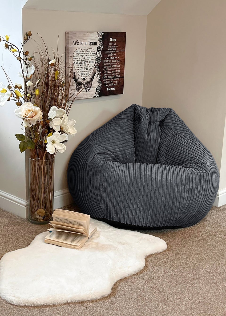 rucomfy Jumbo Cord Slouchbag Slate Grey Beanbag