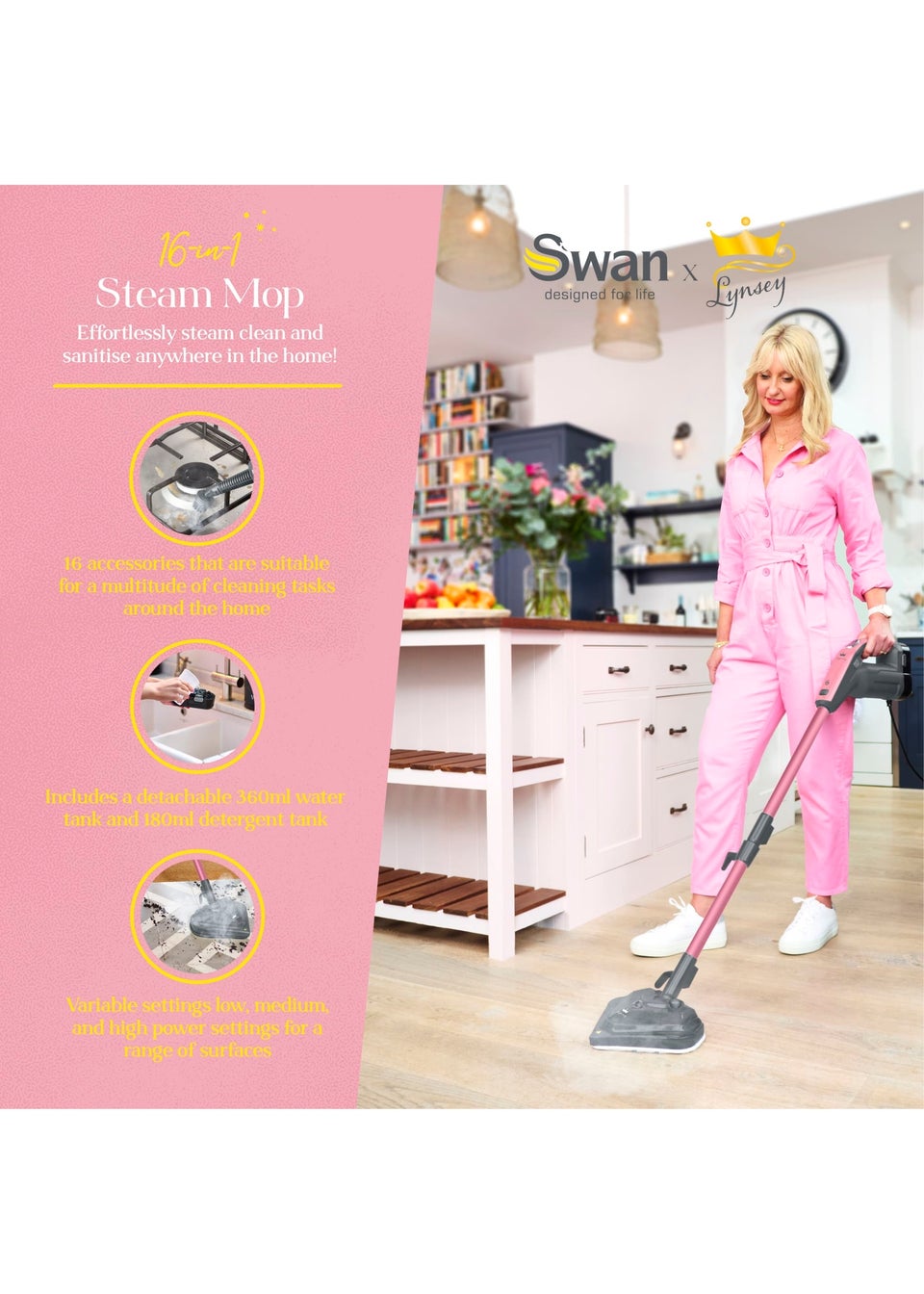 Swan Lynsey Queen of Clean 16-in-1 Steam Mop