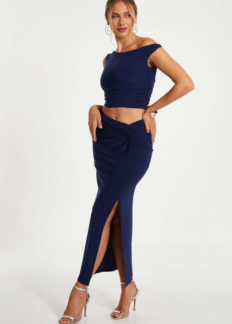 Quiz Blue Ruched Split Maxi Skirt Matalan