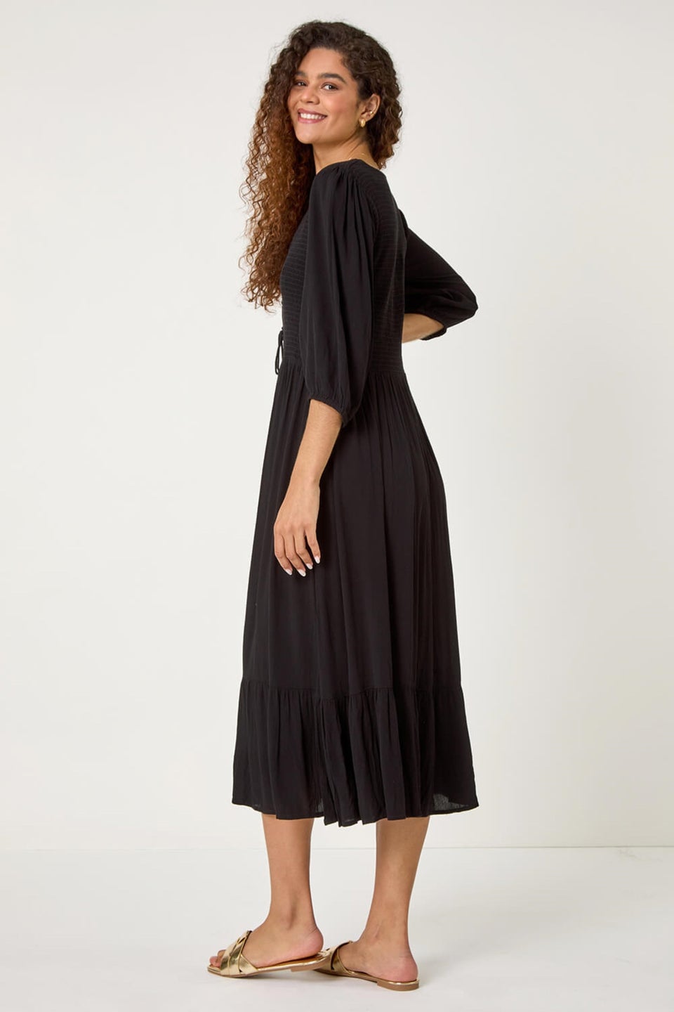 Roman Black Lace Up Shirred Midi Dress