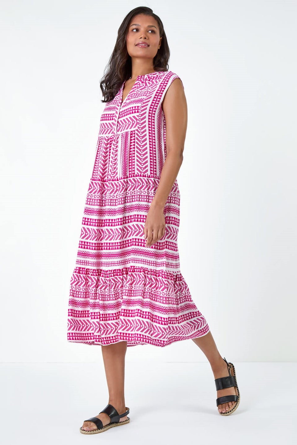 Roman Pink Aztec Print Tiered Midi Smock Dress