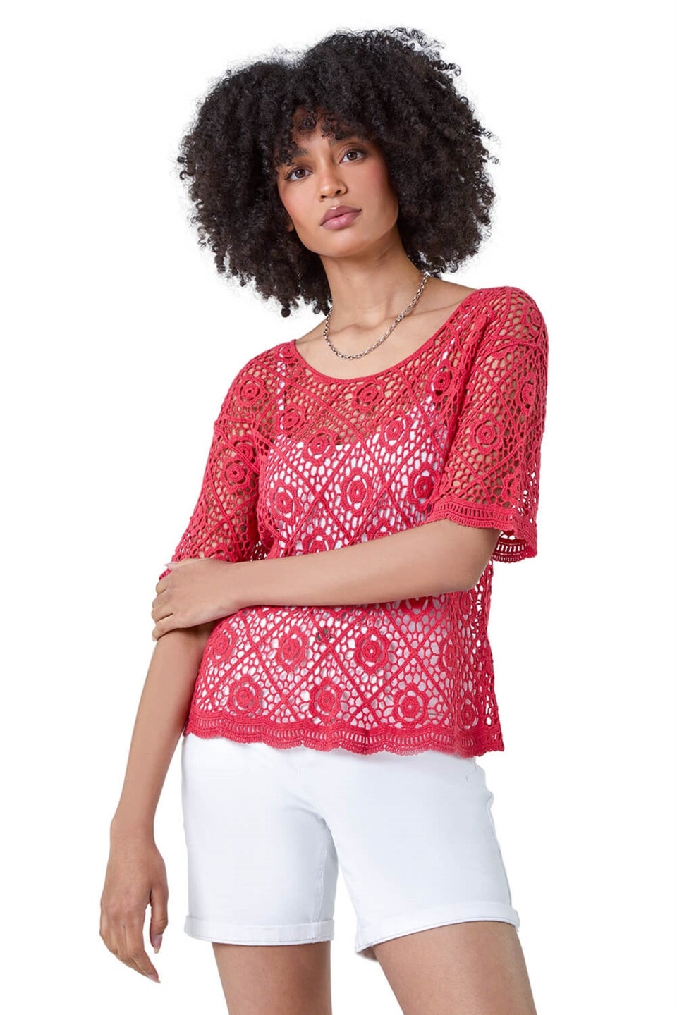 Roman Red Cotton Crochet Lace T-Shirt