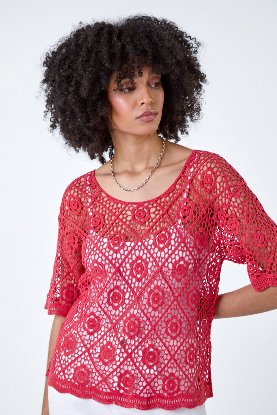 Roman Red Cotton Crochet Lace T-Shirt