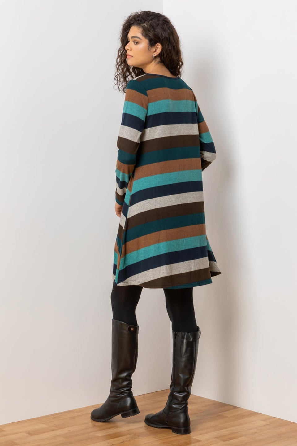 Roman Teal Stripe Print Pocket Swing Dress