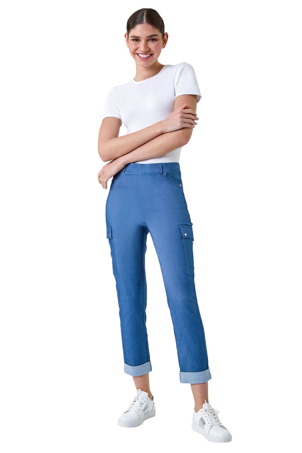 Roman Denim Turn Up Stretch Cargo Trousers