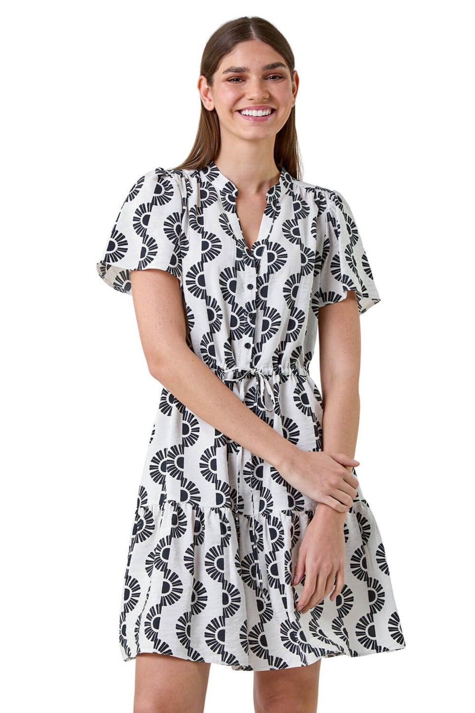 Roman Black Fan Print Frill Hem Shirt Dress Matalan