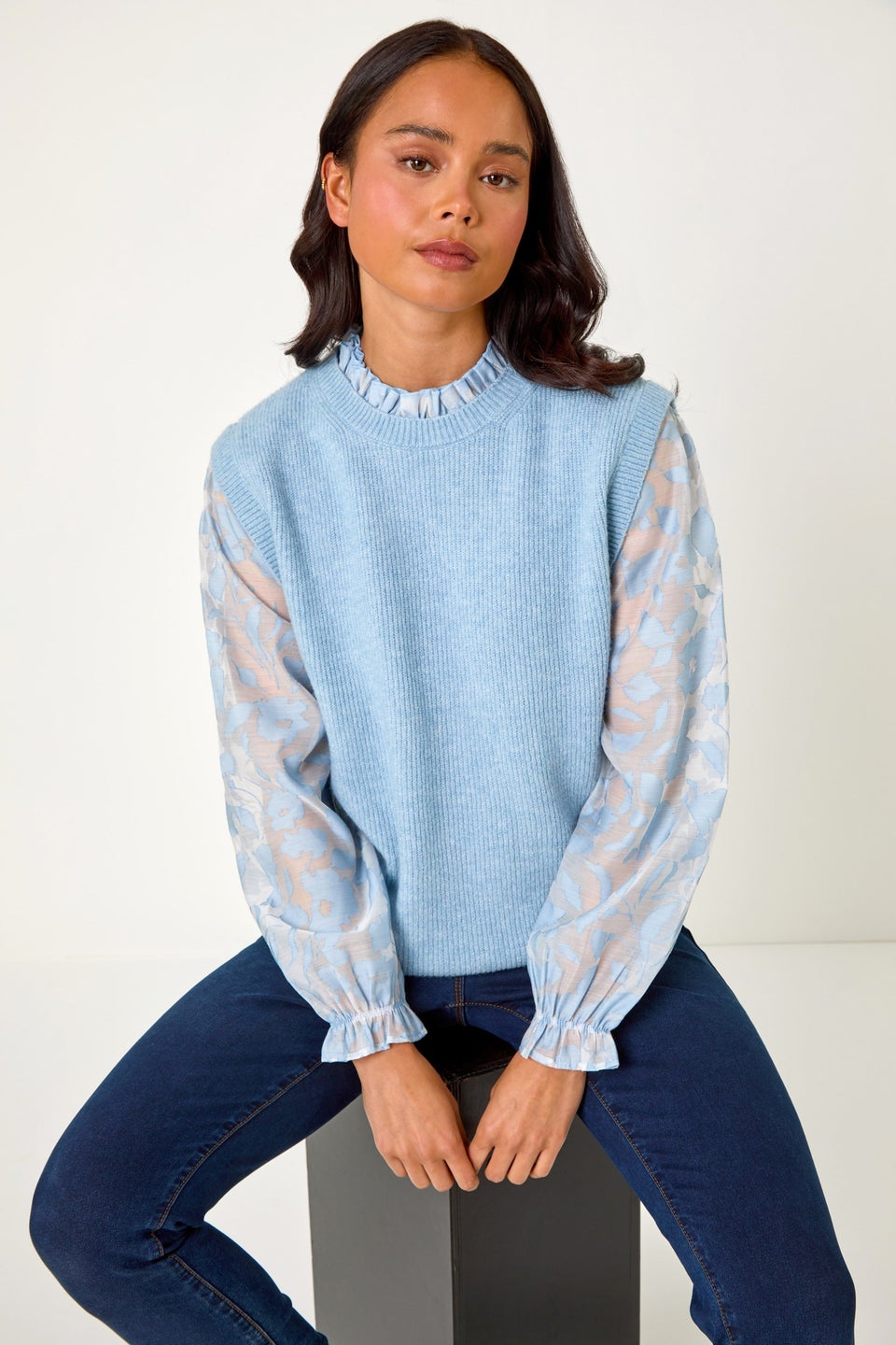 Roman Light Blue Petite Floral Print 2 in 1 Knit Jumper