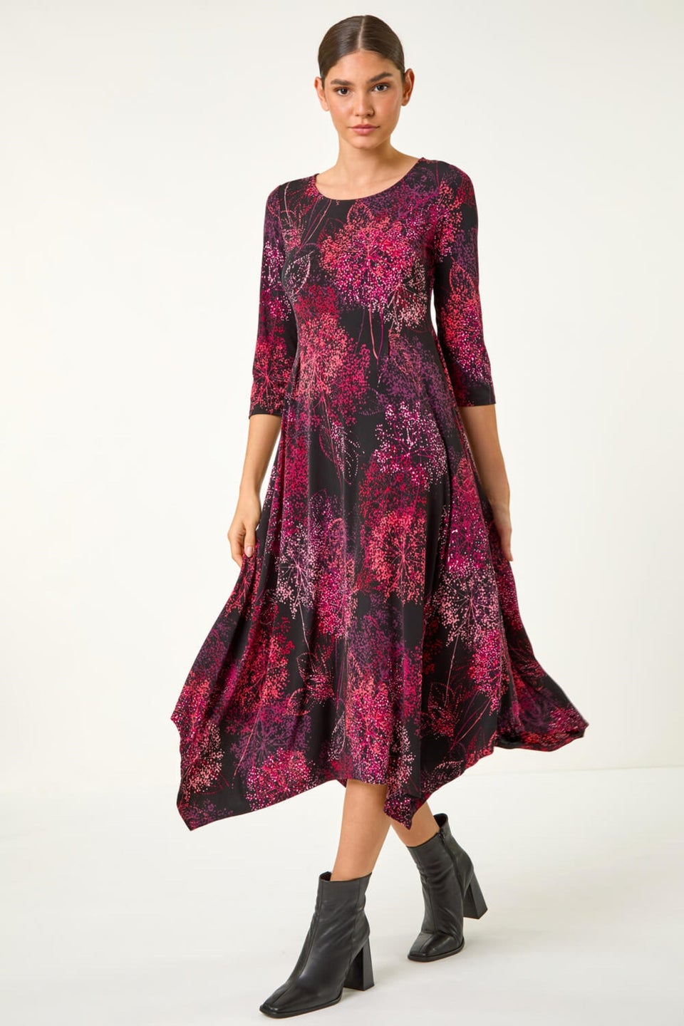 Roman Burgundy Foliage Hanky Hem Midi Dress Matalan
