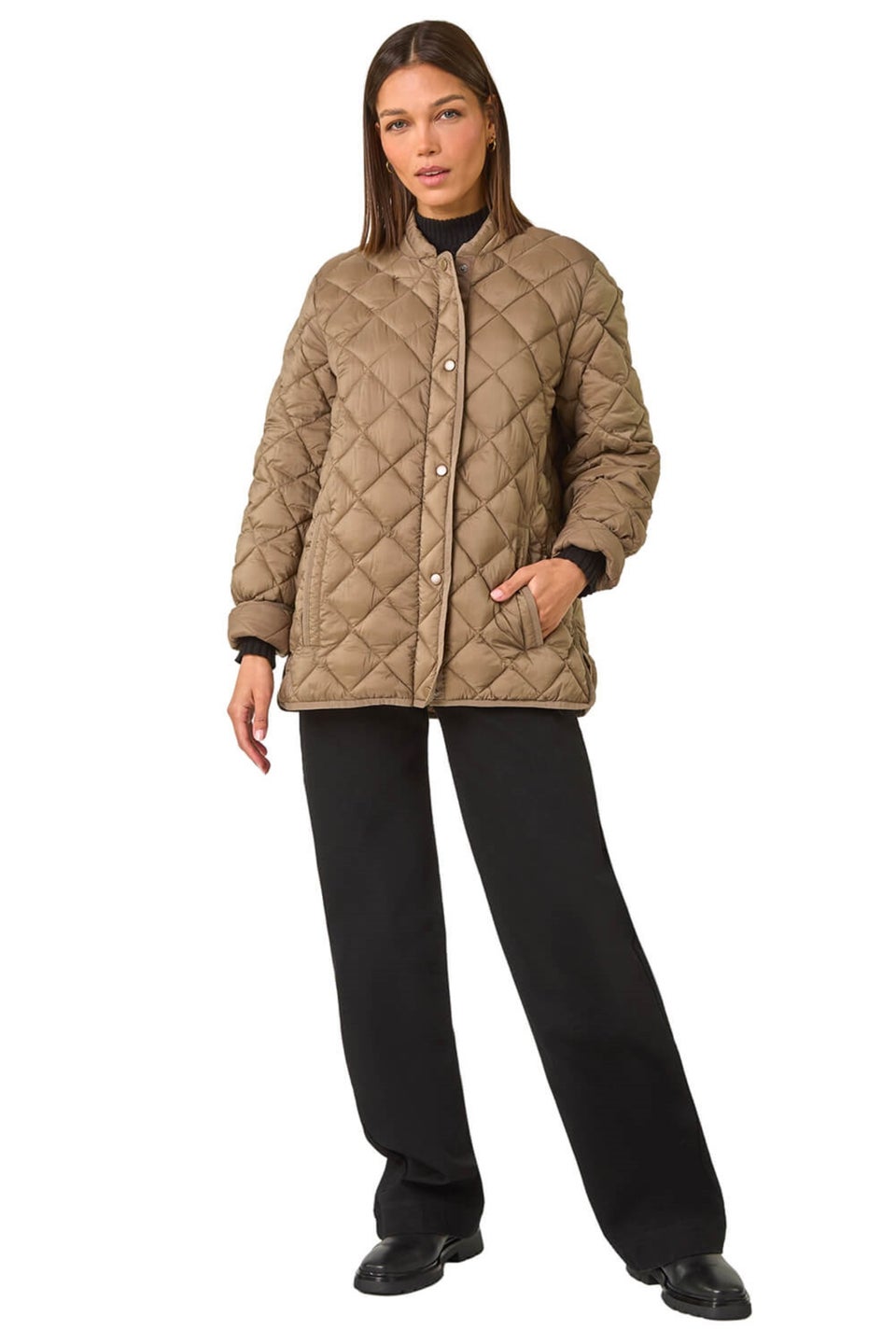 Roman Taupe Diamond Quilted Funnel Coat