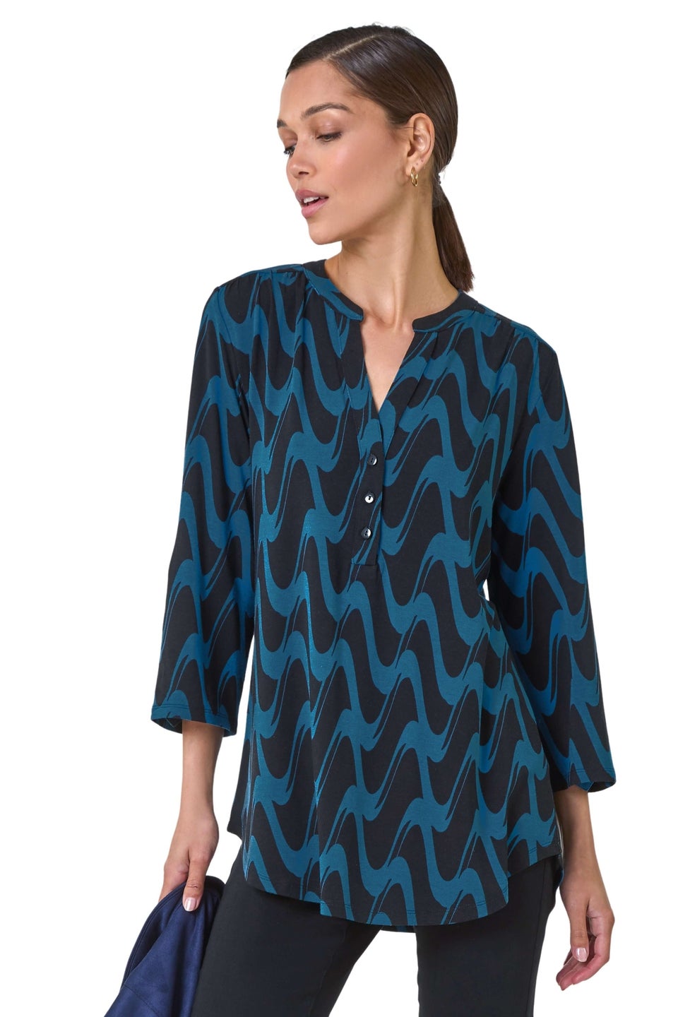 Roman Blue Geometric Print Stretch Blouse