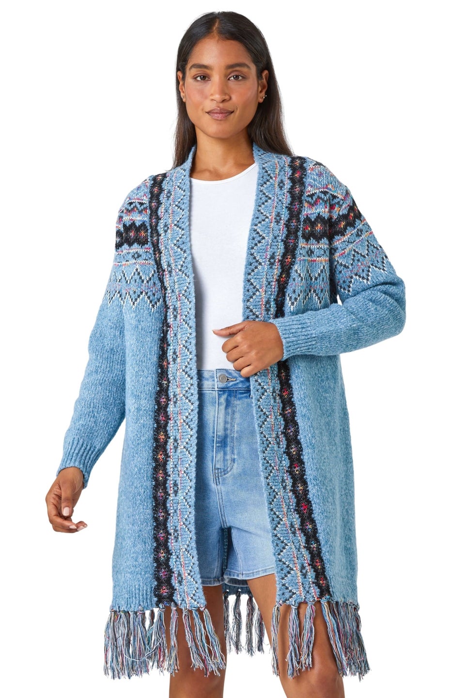 Roman Light Blue Fringed Hem Longline Cardigan Matalan