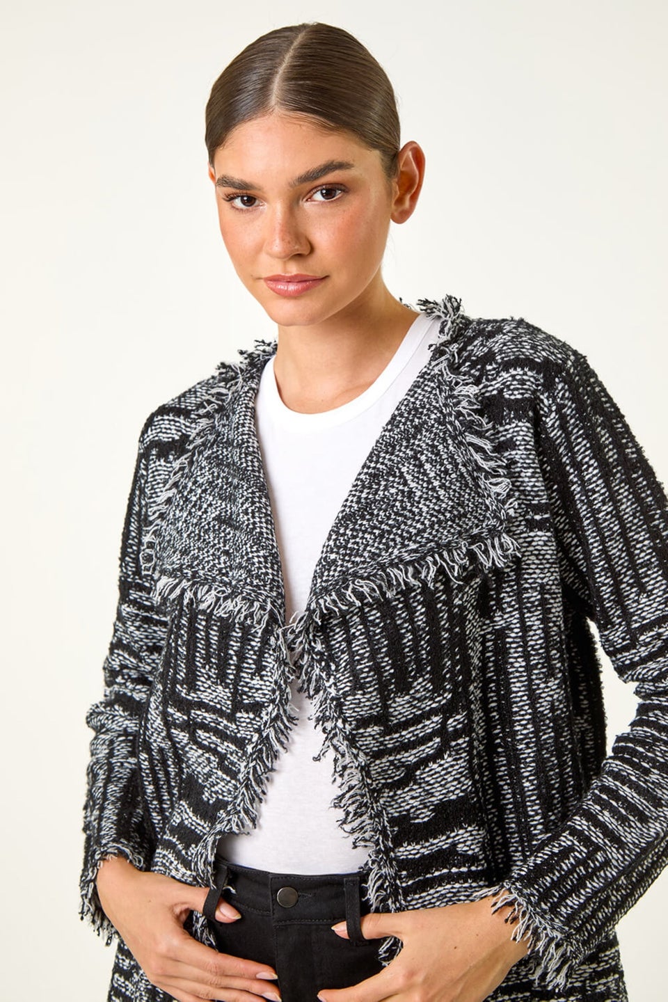 Roman Charcoal Textured Fringe Collar Detail Cardigan