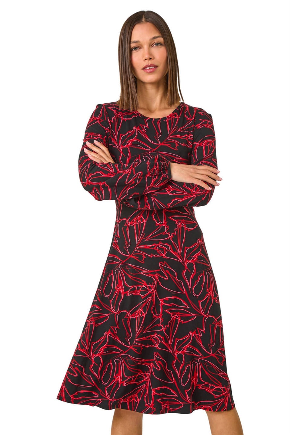 Roman Red Leaf Print Stretch Tea Dress