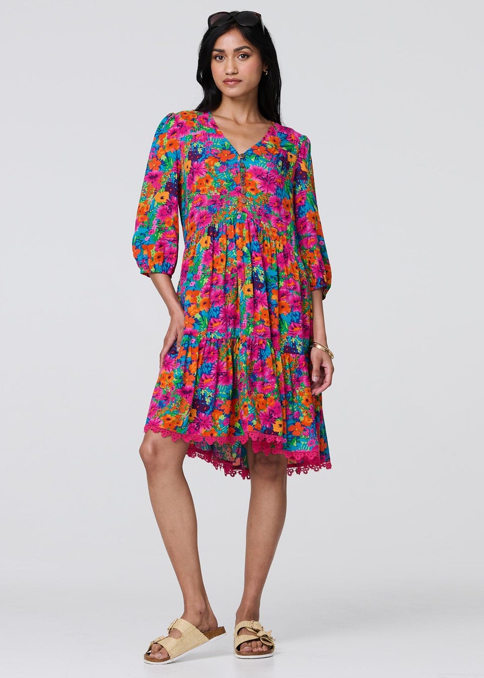 Izabel London Pink Floral 3/4 Sleeve Smock Dress
