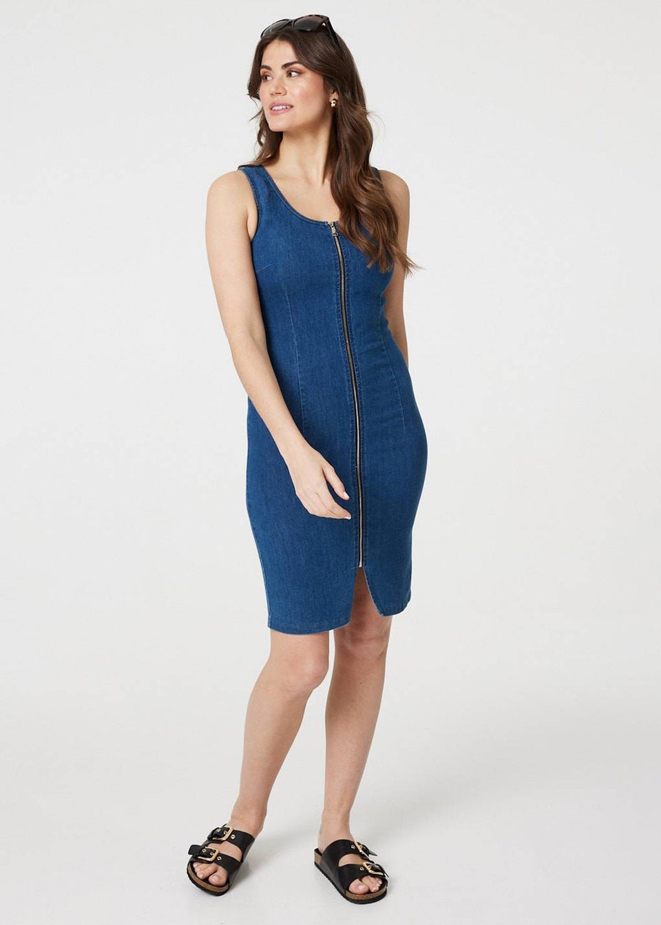 Izabel London Blue Denim Sleeveless Zip Front Shift Dress