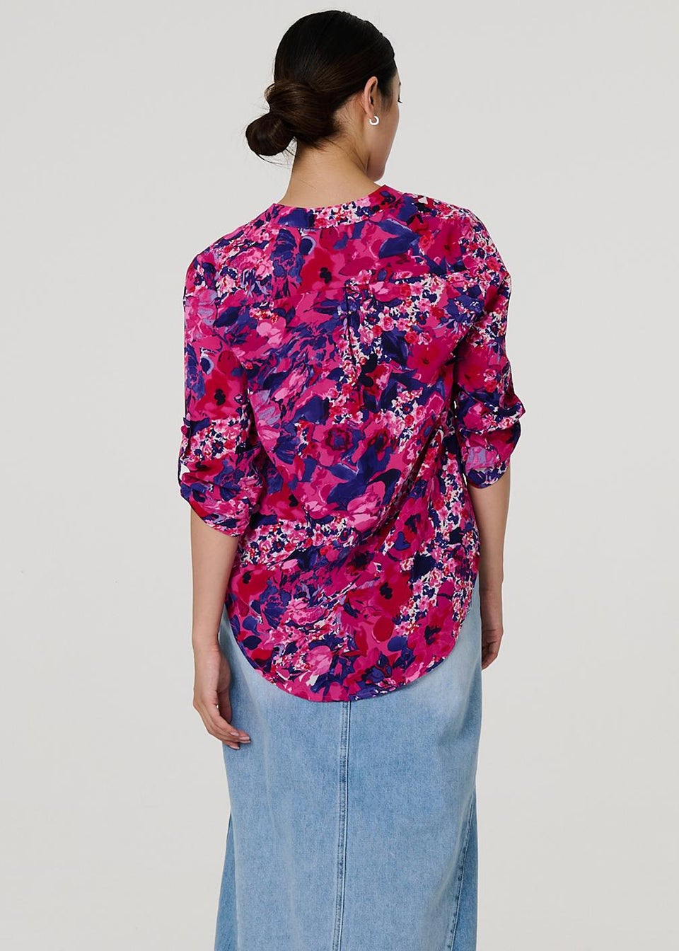 Izabel London Pink Floral 3/4 Sleeve Collarless Blouse