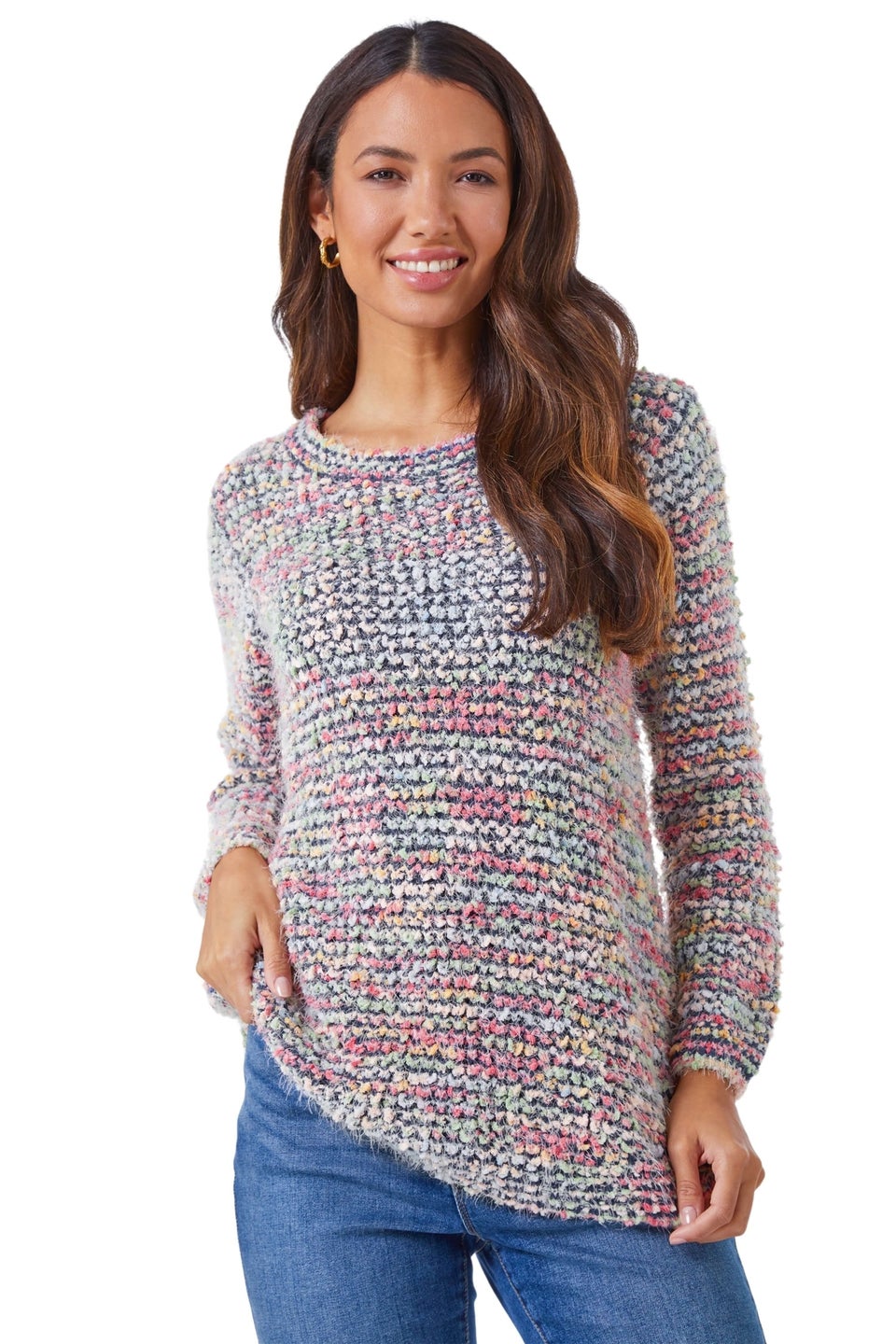 Roman Blue Fluffy Striped Curve Hem Jumper Matalan