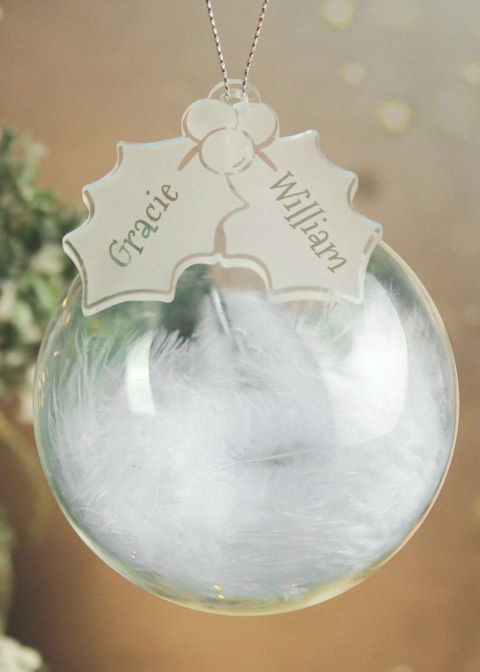 Personalised Memento Company Clear Holly Acrylic Feather Bauble