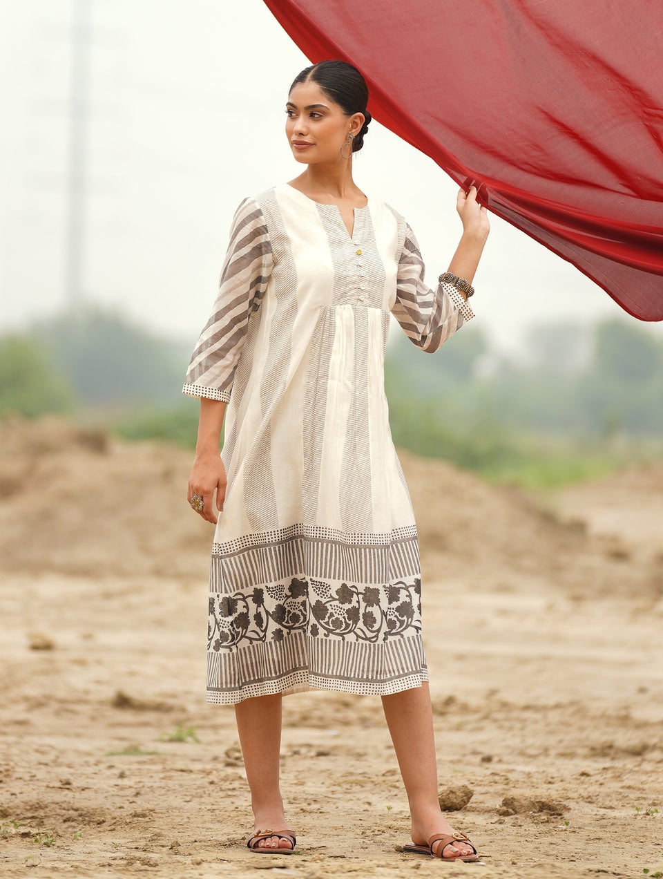 Women White Cotton silk Flared Block print Kurta