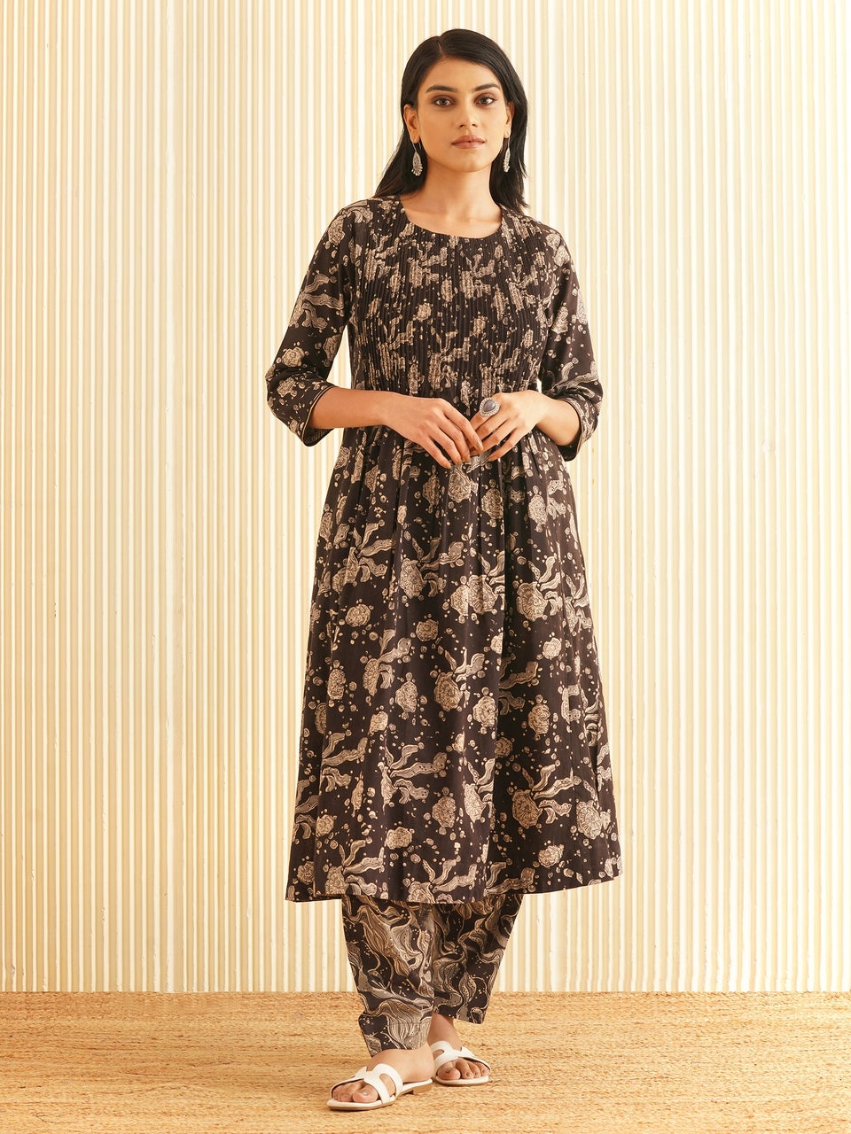 Women Black Cotton Flared Printed Kalamkari Kurta