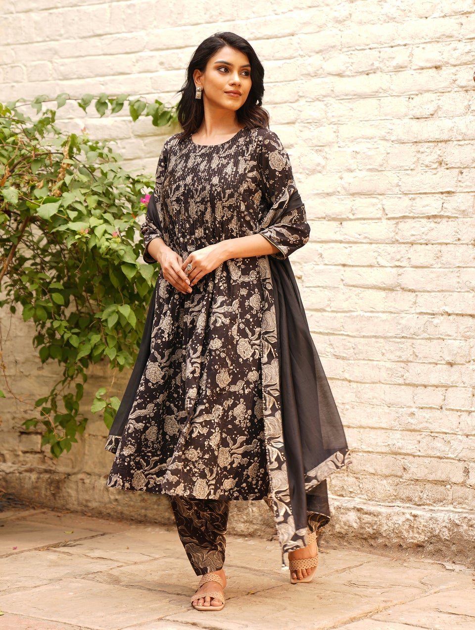 Women Black Cotton Flared Printed Kalamkari Kurta