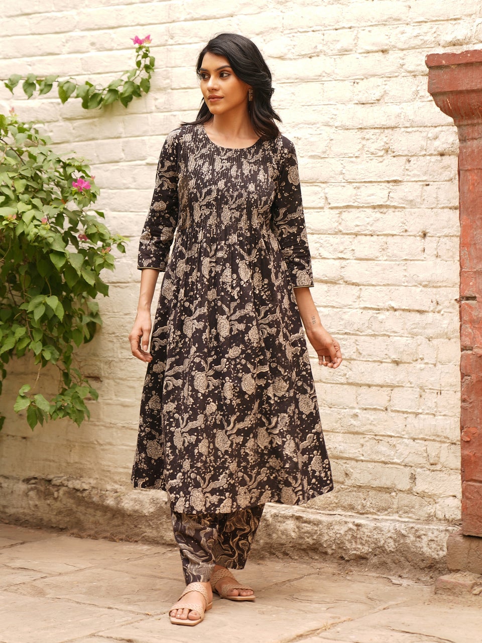Women Black Cotton Flared Printed Kalamkari Kurta