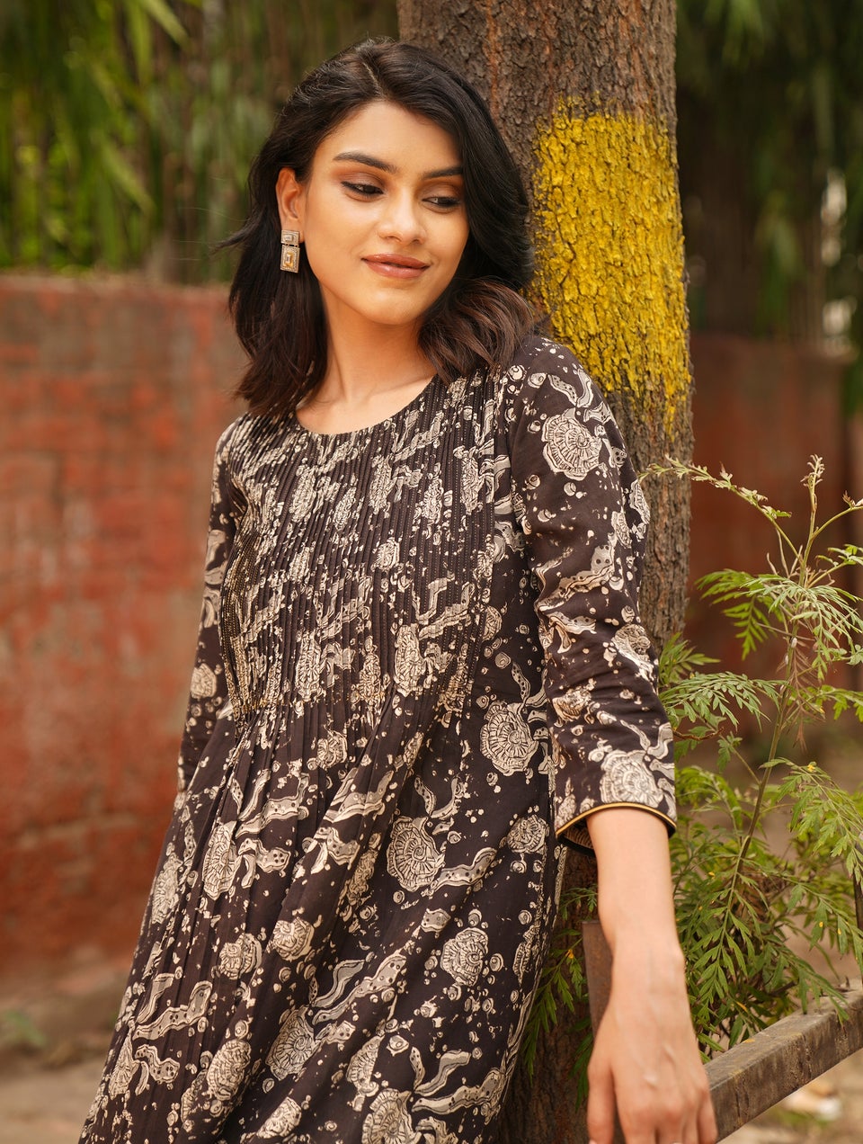 Women Black Cotton Flared Printed Kalamkari Kurta
