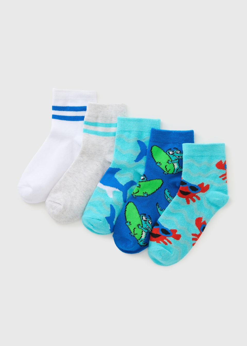 5 Pack Boys Blue Shark Socks (Younger 6-Older 6.5)