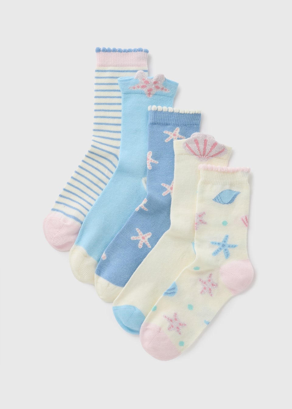 5 Pack Girls Blue Shell Socks (Younger 6-Older 6.5)